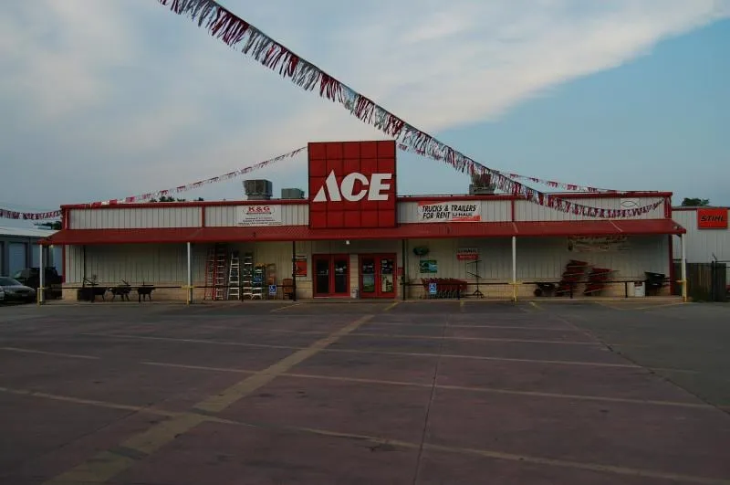 Front elevation of the Ace Hardware store showing the full covered entry.