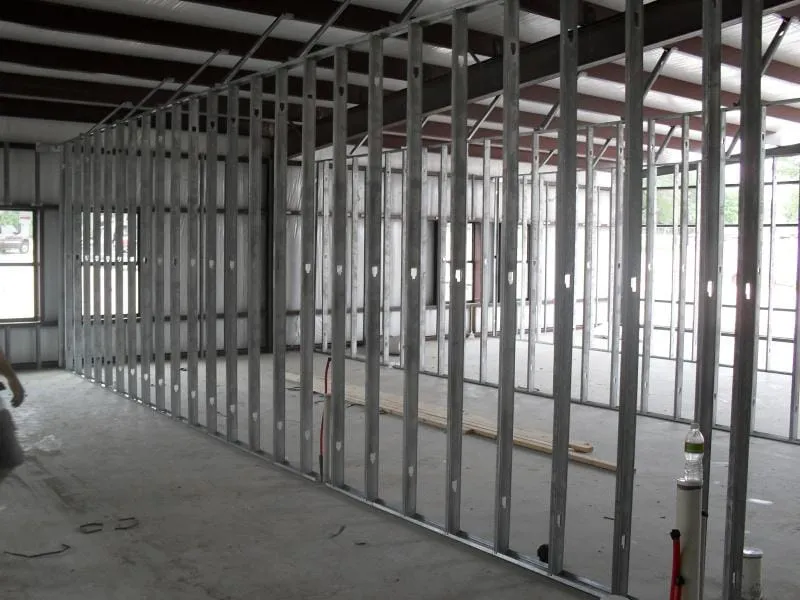 Steel stud framing inside New Covenant Church during construction.